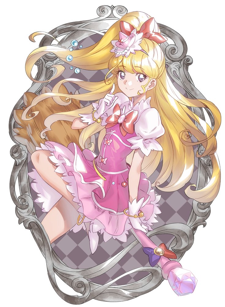 1girl blonde_hair bracelet broom broom_riding cure_miracle diamond-shaped_brooch dress frilled_skirt frills gloves hat jewelry mahou_girls_precure! mini_hat mirror murakami_hisashi pink_dress pointing pointing_at_self precure purple_eyes red_ribbon ribbon skirt white_gloves wide_ponytail witch_hat