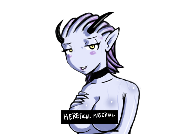 1girl blue_skin blush breasts censored choker claws colored_skin daemonette demon_girl demon_horns elf_ear female_focus horns large_breasts looking_at_viewer non-web_source pale_color pale_skin pointy_ears purple_hair solo sweat warhammer_40k yellow_eyes