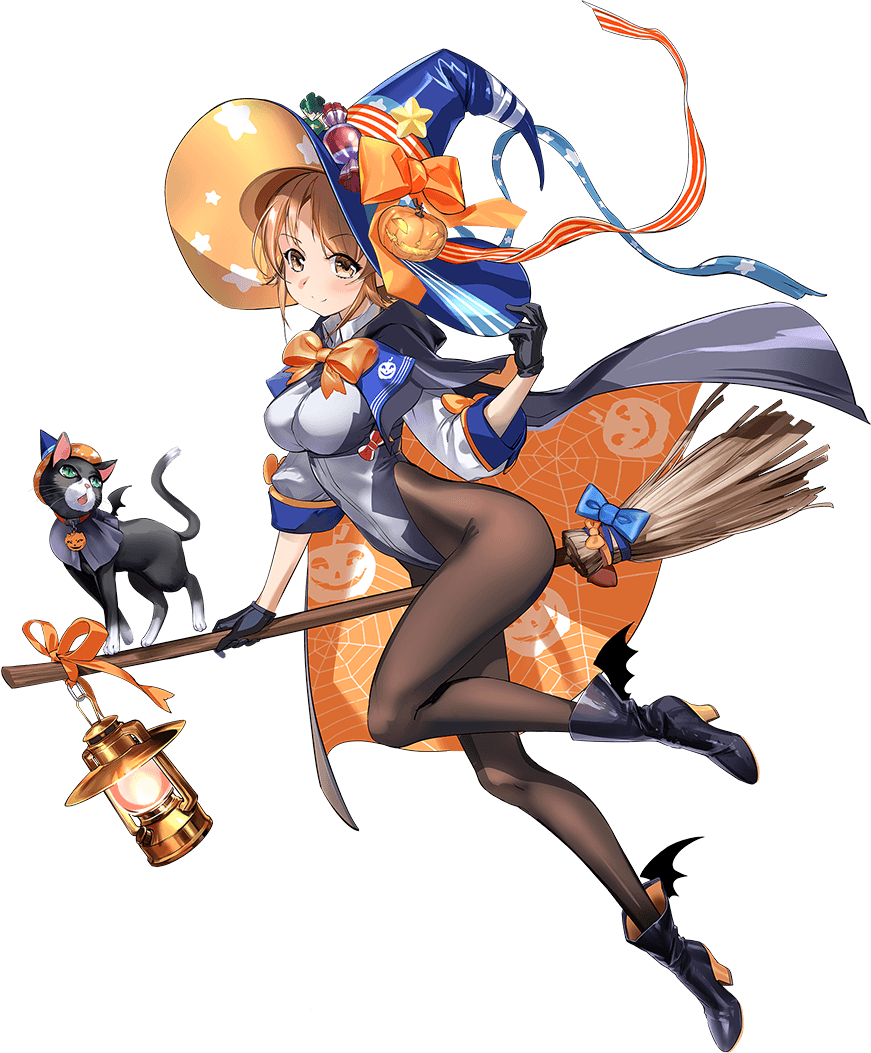 1girl bat_wings black_boots black_cape black_gloves black_pantyhose blue_hat blue_leotard boots bow breasts broom broom_riding brown_eyes brown_hair cape cat gloves grey_leotard halloween_costume hat highleg highleg_leotard jack-o&#039;-lantern_print jacket kantai_collection lantern leotard looking_at_viewer medium_breasts multicolored_leotard official_art orange_bow pantyhose ribbon richard_p._leary_(halloween)_(kancolle) richard_p._leary_(kancolle) short_hair third-party_source transparent_background two-sided_cape two-sided_fabric two-tone_leotard unsinkable_sam white_jacket wings witch_hat zeco