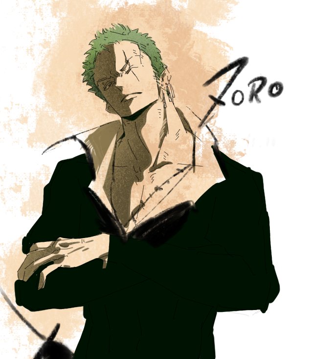 1boy black_jacket black_suit character_name closed_mouth collared_shirt commentary_request cowboy_shot crossed_arms fengcheche formal_clothes green_hair jacket looking_at_viewer male_focus one_eye_closed one_piece roronoa_zoro scar scar_across_eye scar_on_chest scar_on_face shirt short_hair solo suit
