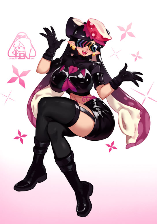 artist_logo belt black_boots black_garter_straps black_gloves black_hair black_shirt black_shorts boots bow bow-shaped_hair breasts callie_(octo_idol_outfit)_(splatoon) callie_(splatoon) cleavage cowlick crop_top earrings fangs fish_(food) food food_on_head full_body garter_straps gloves gold_earrings gradient_hair hat hypnoshades_(splatoon) jewelry large_breasts little123blood logo long_hair long_pointy_ears midriff multicolored_hair navel nintendo object_on_head octopus_hair_ornament octopus_sashimi octopus_tattoo official_alternate_costume open_mouth padded_shoulders pale_skin panties panty_straps pink_leaf pink_panties pink_shiso_leaf pink_tattoo pointy_ears red_hat sashimi see-through_cleavage see-through_clothes shiny_clothes shirt shoes short_shorts short_sleeves shorts simple_background sitting smile spiked_waistband splatoon_(series) splatoon_2 spotted_hair stomach_tattoo studded_belt suction_cups sunglasses swept_bangs tattoo tentacle_hair thighhighs thighs twintails two-tone_hair underwear very_long_hair w_arms wide_hips