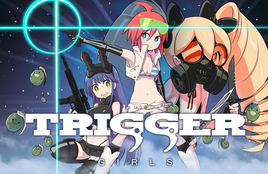 3girls april_fools assault_rifle belly bikini blonde_hair blue_eyes blue_hair bra breasts buck_teeth cloud company_name drill_hair elbow_gloves explosive flat_chest frag_(trigger) gas_mask gloves goggles green_eyes grenade gun hair_ornament hair_ribbon head-mounted_display hime_cut holster knife long_hair looking_at_viewer luluco m16 mago mask miniskirt multiple_girls muzzle_(trigger) navel official_art red_hair ribbon rifle short_hair skirt smile sparkle spring_(trigger) star_(symbol) string_bikini striped_bra striped_clothes swimsuit teeth thigh_holster thighhighs trigger-chan trigger_(company) uchuu_patrol_luluco underwear weapon
