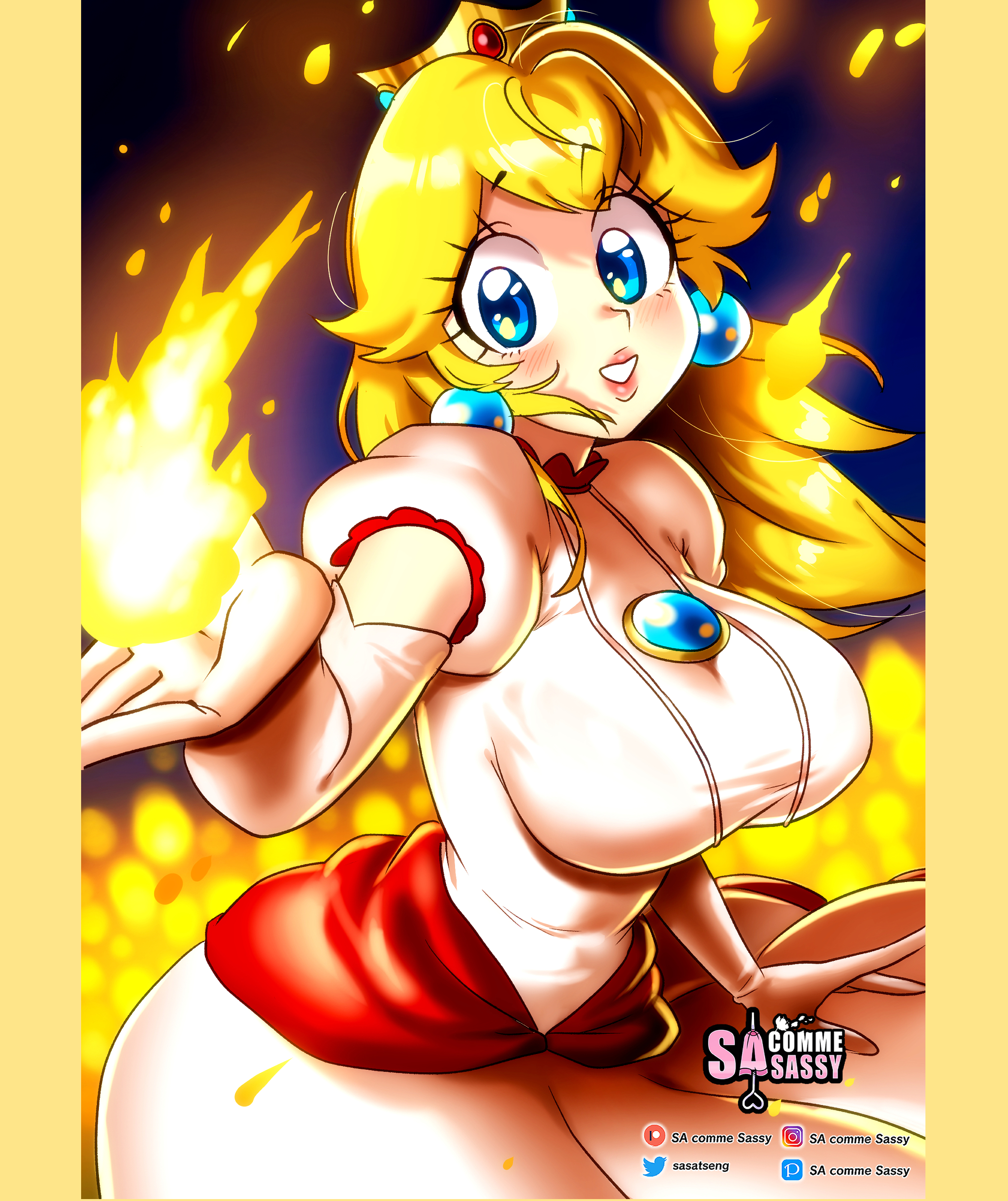 1girl absurdres black_background blonde_hair blue_background blue_eyes blush border breasts cowboy_shot crown dress earrings elbow_gloves fire fire_peach gloves gradient_background highres jewelry large_breasts long_hair looking_at_viewer mario_(series) nintendo open_mouth princess_peach puffy_short_sleeves puffy_sleeves sasa_tseng short_sleeves smile solo standing the_super_mario_bros._movie white_dress white_gloves yellow_border