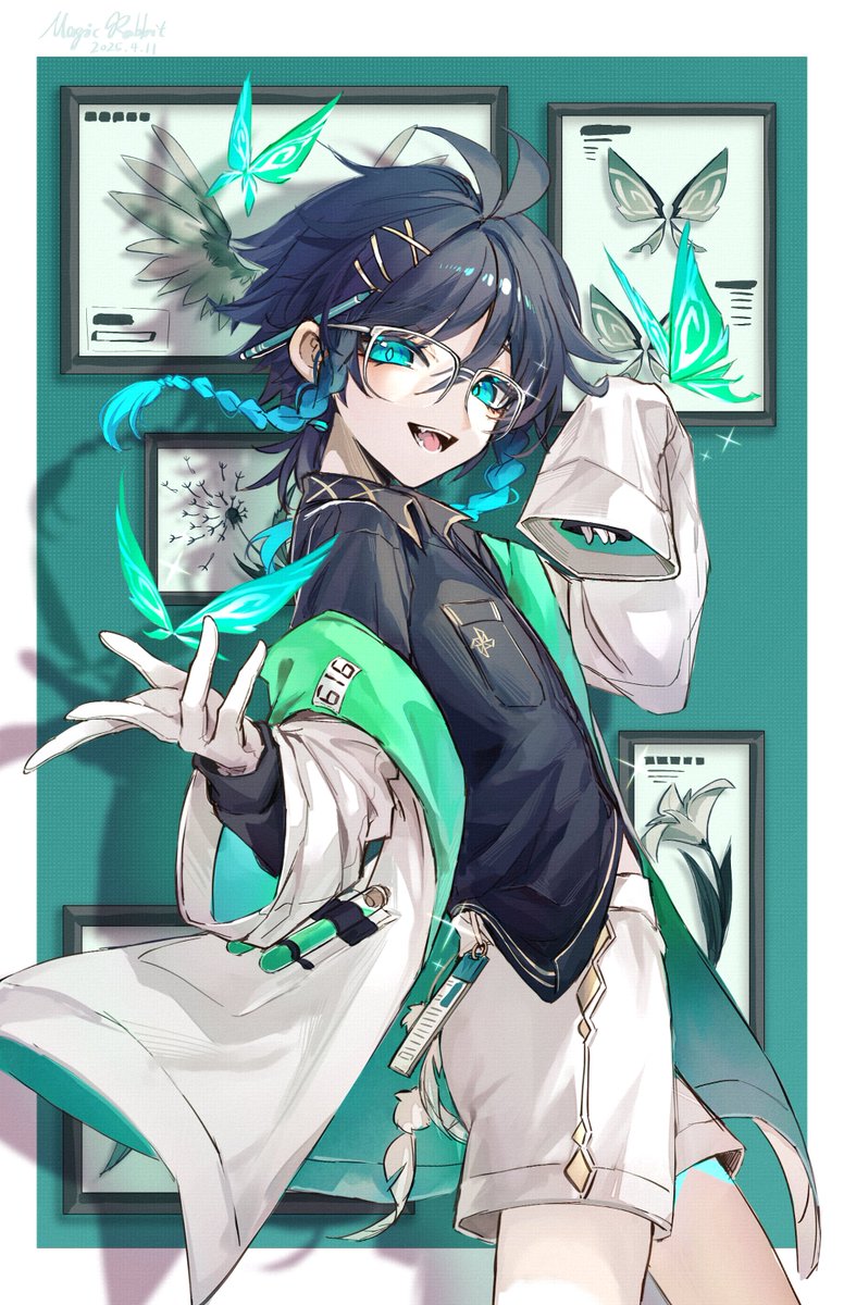 1boy alternate_costume aqua_eyes aqua_hair black_hair black_shirt braid colored_tips cowboy_shot crystalfly_(genshin_impact) framed_insect genshin_impact glasses gloves highres jacket looking_at_viewer low_twin_braids multicolored_hair muxi297 off_shoulder open_mouth pen pen_behind_ear shirt short_hair shorts solo test_tube twin_braids venti_(genshin_impact) white_gloves white_jacket white_shorts