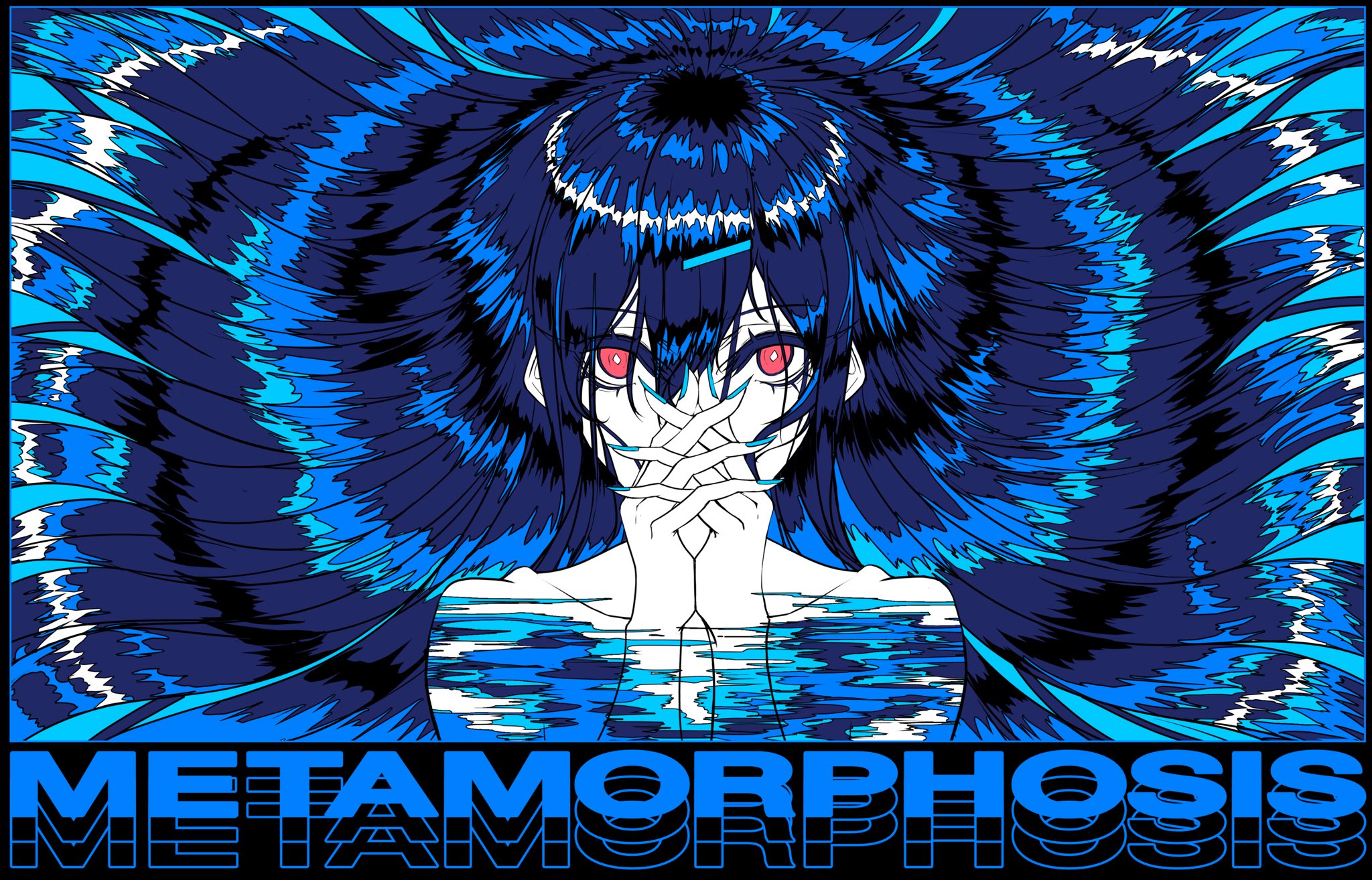 1girl blue_hair blue_nails blue_theme cmhp commentary denonbu english_commentary hair_between_eyes hair_ornament hair_spread_out hairclip hands_up highres interlocked_fingers limited_palette long_hair looking_at_viewer nail_polish nude own_hands_together red_eyes shinonome_kazune solo song_name upper_body