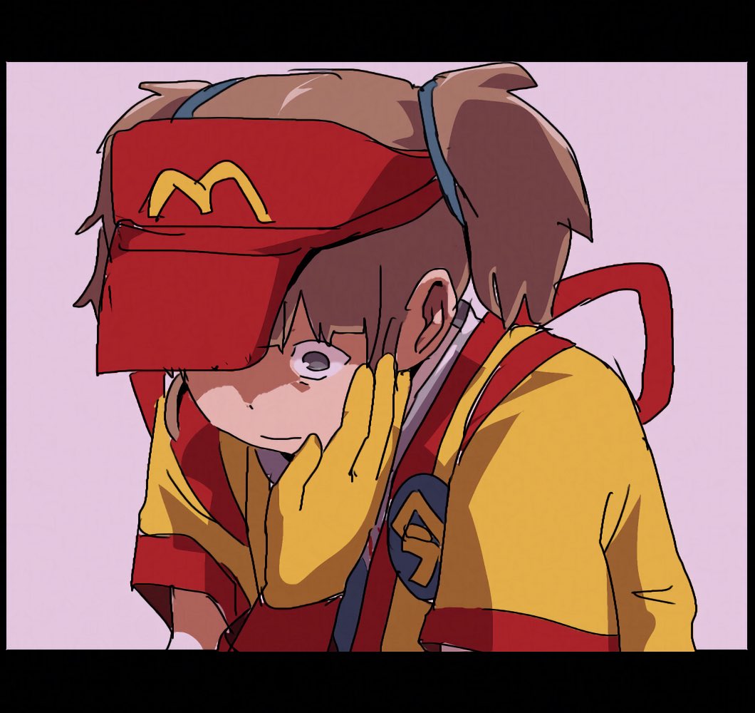 1boy 1girl brown_eyes brown_hair closed_mouth clown clown_boy commentary_request expressionless gaihan_umeboshi_mitchell gloves hand_on_another&#039;s_cheek hand_on_another&#039;s_face hat hat_over_one_eye imadake_dabuchi_tabemi implied_strangling letterboxed mcdonald&#039;s neon_genesis_evangelion parody pink_background red_hat ronald_mcdonald short_hair short_twintails simple_background solo_focus the_end_of_evangelion twintails upper_body visor_cap yellow_gloves