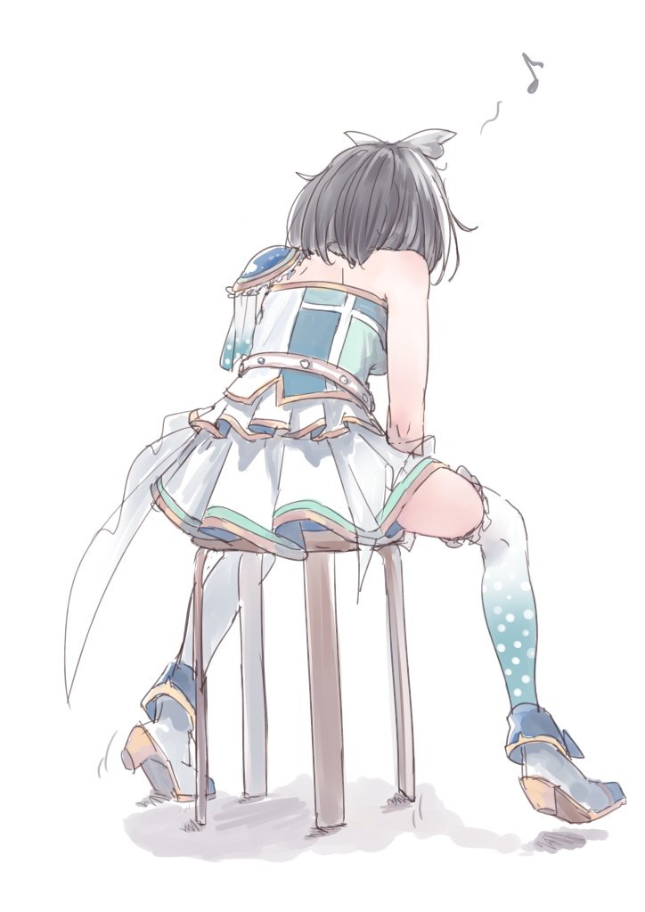 1girl animare animare_stage_costume atsushima blue_shirt blue_shoes blue_thighhighs commentary_request epaulettes from_behind full_body gradient_thighhighs grey_hair medium_hair musical_note nanashi_inc. oura_rukako polka_dot_thighhighs shirt shoes simple_background single_epaulette sitting skirt solo stool strapless strapless_shirt thighhighs virtual_youtuber white_background white_shirt white_skirt white_thighhighs
