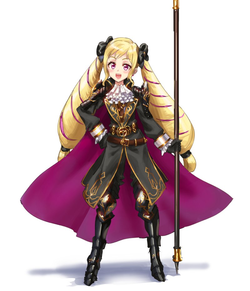 1girl armored_boots ascot athenawyrm belt black_boots black_bow black_gloves blonde_hair boots bow camus_(fire_emblem) camus_(fire_emblem)_(cosplay) cape cosplay elise_(fire_emblem) female_focus fire_emblem fire_emblem:_mystery_of_the_emblem fire_emblem_fates fire_emblem_heroes gloves hair_bow hand_on_own_hip long_hair long_sleeves multicolored_hair nintendo open_mouth polearm purple_eyes purple_hair simple_background solo twintails weapon white_background
