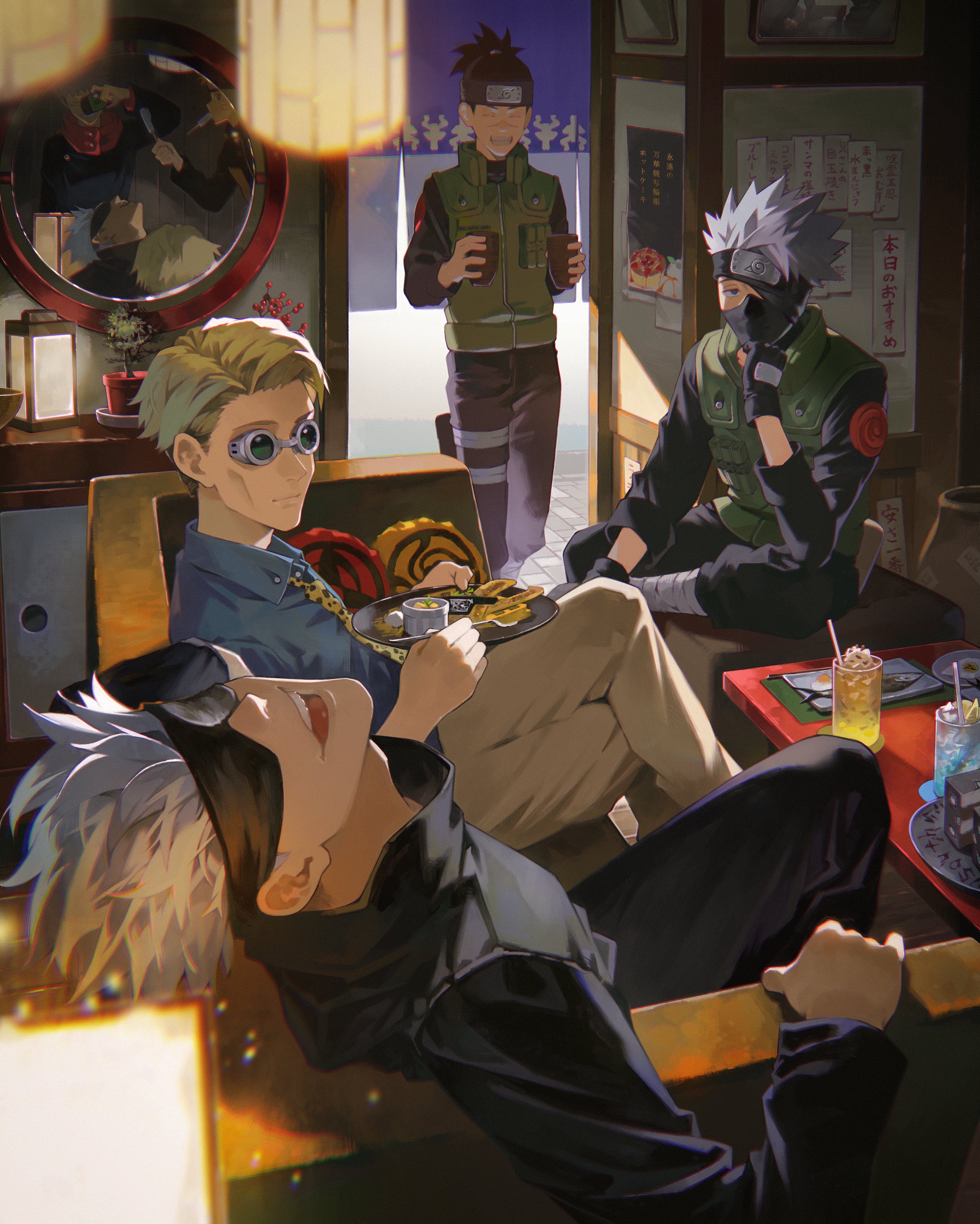 4boys absurdres black_hair black_shirt blindfold blonde_hair couch desk_lamp gojou_satoru hatake_kakashi high_collar highres indoors juice jujutsu_kaisen kyuuba_melo lamp mirror multiple_boys nanami_kento naruto_(classic) naruto_(series) necktie open_mouth ponytail shirt umino_iruka white_hair