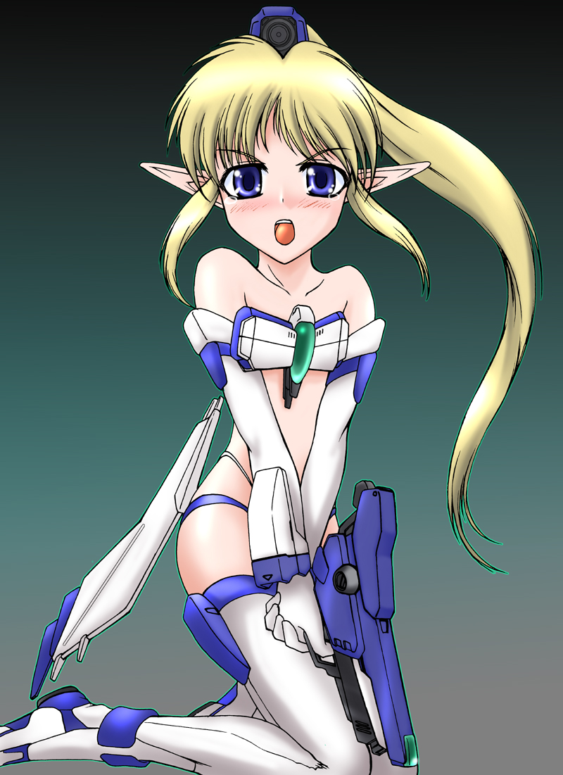 1girl bare_shoulders bikini blonde_hair blue_eyes blush boots crying crying_with_eyes_open elbow_gloves female_focus flat_chest gloves gun handgun highleg highleg_bikini long_hair mecha_musume mochizuki_kazuto open_mouth personification pointy_ears ponytail rvr-01_gauntlet solo swimsuit tears thigh_boots thighhighs thunder_force v_arms weapon white_bikini white_gloves white_thighhighs