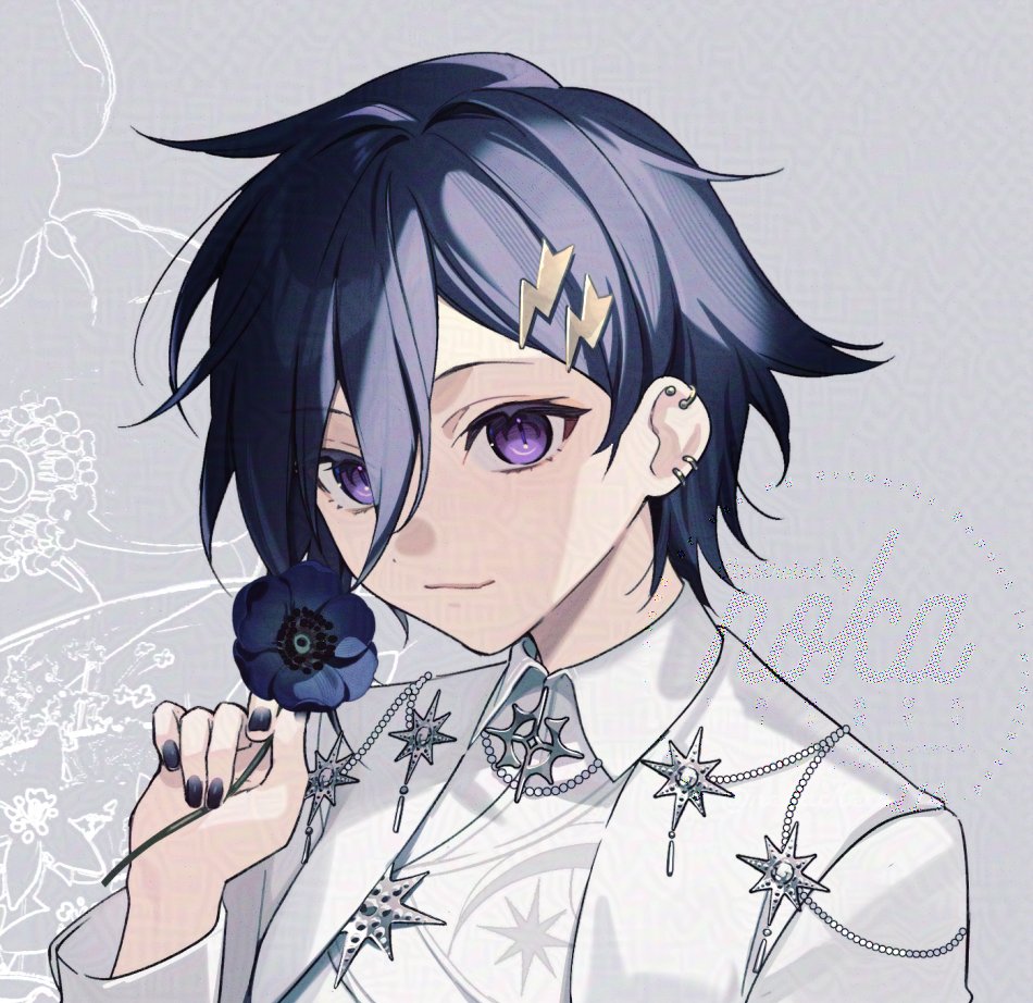 1boy bishounen black_hair black_nails blue_flower commentary earrings eyelashes flower grey_background hair_between_eyes hair_ornament hairclip holding holding_flower holostars jewelry kanade_izuru lightning_bolt lightning_bolt_hair_ornament lightning_bolt_symbol looking_at_viewer male_focus nail_polish nokachoco114 portrait purple_eyes short_hair simple_background slit_pupils smile virtual_youtuber watermark