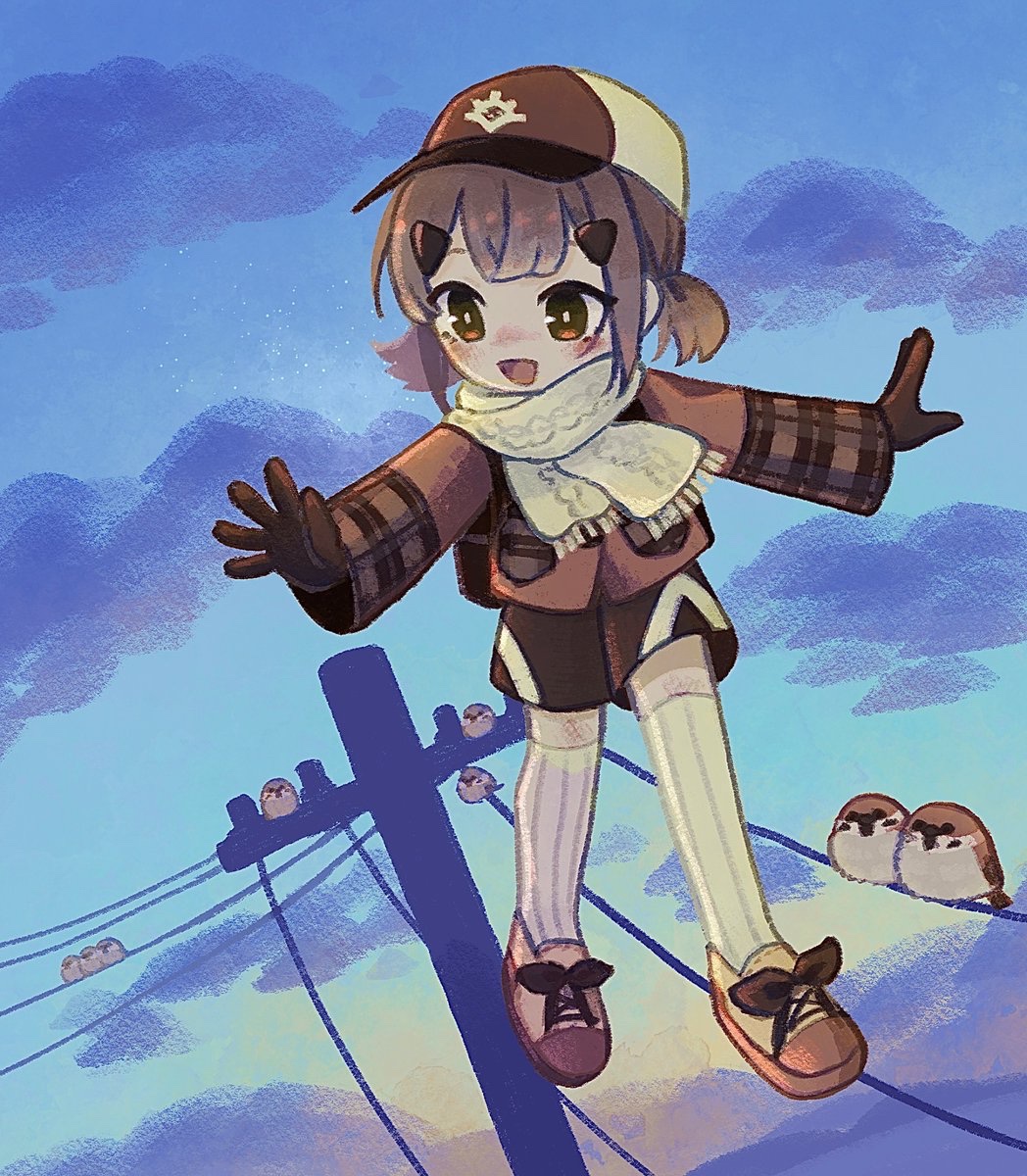 1girl :d animal baseball_cap bird blue_sky blush bright_pupils brown_bird brown_eyes brown_gloves brown_hair brown_hat brown_jacket brown_shoes brown_shorts commentary_request creature_and_personification eurasian_tree_sparrow full_body gloves hair_ornament hat highres jacket long_sleeves looking_to_the_side medium_hair morning nose_blush open_mouth original outdoors outstretched_arms perching personification piyoko9494 pocket power_lines ribbed_thighhighs scarf shoes short_twintails shorts sky smile solo sparrow spread_arms thighhighs twintails utility_pole white_pupils white_scarf white_thighhighs