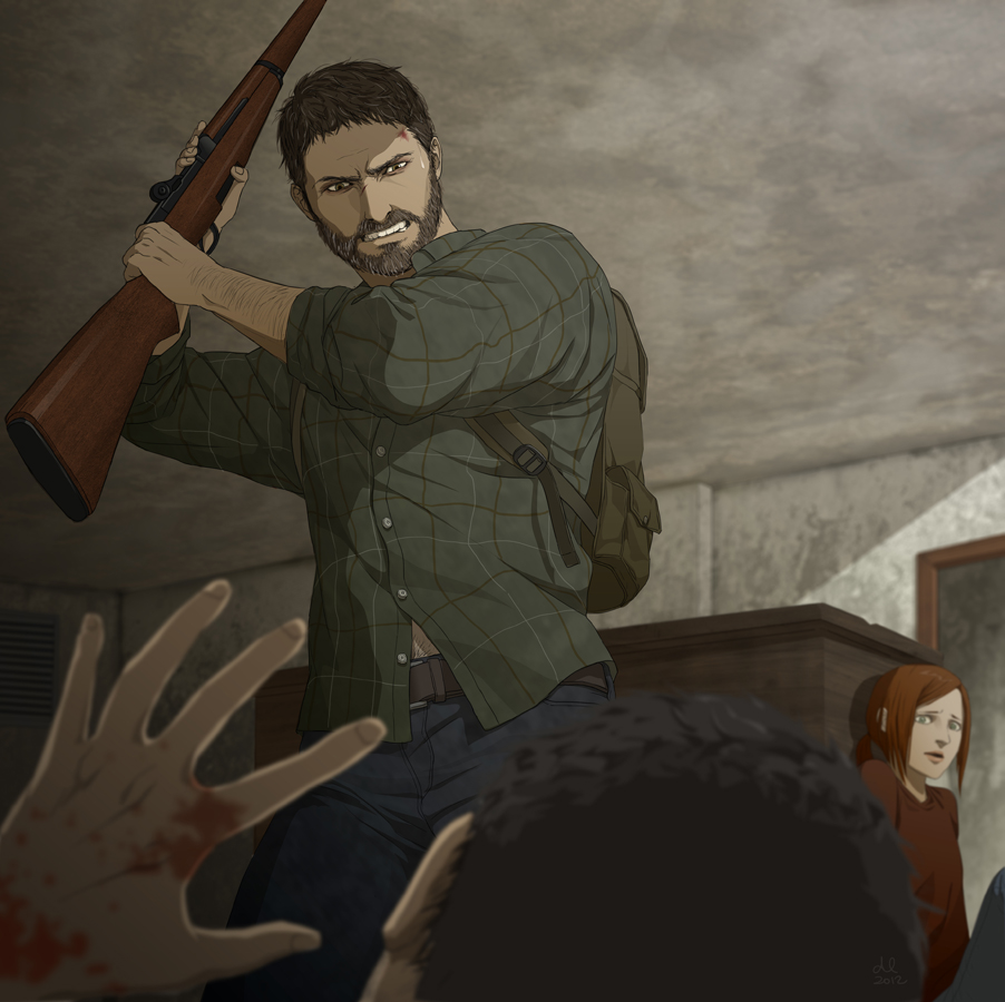 1girl 2boys backpack bag blood brown_hair building ellie_(the_last_of_us) from_behind from_below gb_(doubleleaf) green_eyes gun hand_on_own_hip indoors joel_(the_last_of_us) multiple_boys naughty_dog open_mouth short_hair standing the_last_of_us the_last_of_us_(series) weapon