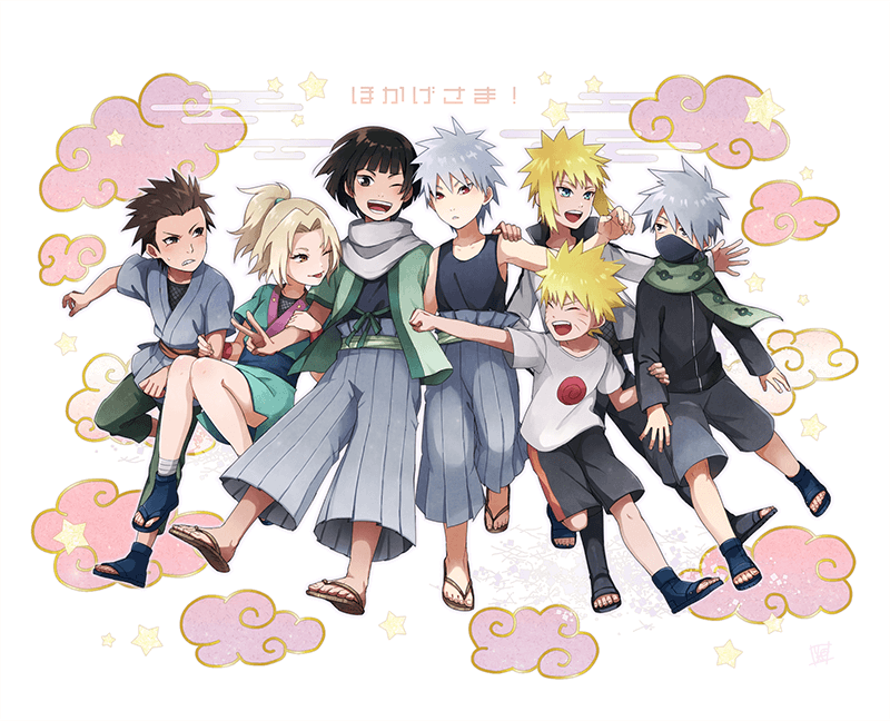 1girl 6+boys aged_down ankle_wrap bad_id bad_pixiv_id black_hair blonde_hair brothers brown_hair facial_mark father_and_son hakama hakama_skirt hatake_kakashi japanese_clothes multiple_boys namikaze_minato naruto_(classic) naruto_(series) naruto_shippuuden no_socks sandals sarutobi_hiruzen scarf senju_hashirama senju_tobirama sewenan shoes siblings silver_hair skirt smile spiked_hair time_paradox toeless_footwear tongue tongue_out tsunade_(naruto) uzumaki_naruto whisker_markings whiskers