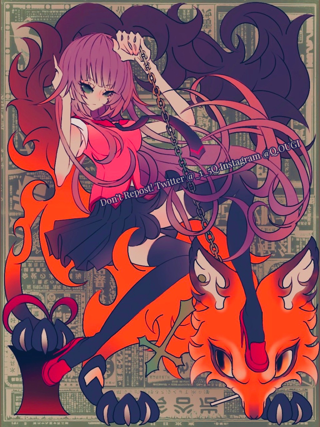 1girl artist_name bakemonogatari black_skirt black_thighhighs blush breasts chain closed_mouth commentary eyelashes fox full_body gradient_hair grey_eyes hands_up high_heels highres holding legs long_hair medium_breasts monogatari_(series) multicolored_hair naoetsu_high_school_uniform pink_hair pink_shirt pleated_skirt purple_hair q.ougi red_footwear school_uniform senjougahara_hitagi shirt sidelocks sitting skirt sleeves_rolled_up solo symbol-only_commentary thighhighs twitter_username very_long_hair watermark zettai_ryouiki