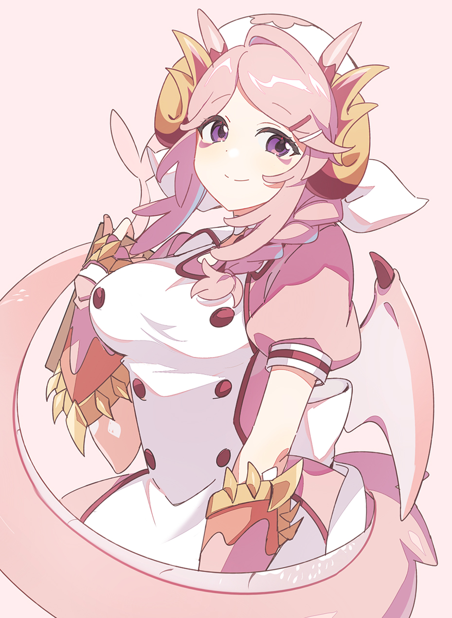 1girl 3_ma_me braid breasts closed_mouth cowboy_shot dragon_girl dragon_horns dragon_tail dragon_wings duel_monster fingerless_gloves gloves hair_ornament hat highres horns large_breasts nurse nurse_cap nurse_dragonmaid pink_background pink_hair puffy_short_sleeves puffy_sleeves purple_eyes short_sleeves side_braid simple_background smile solo tail wings yu-gi-oh!