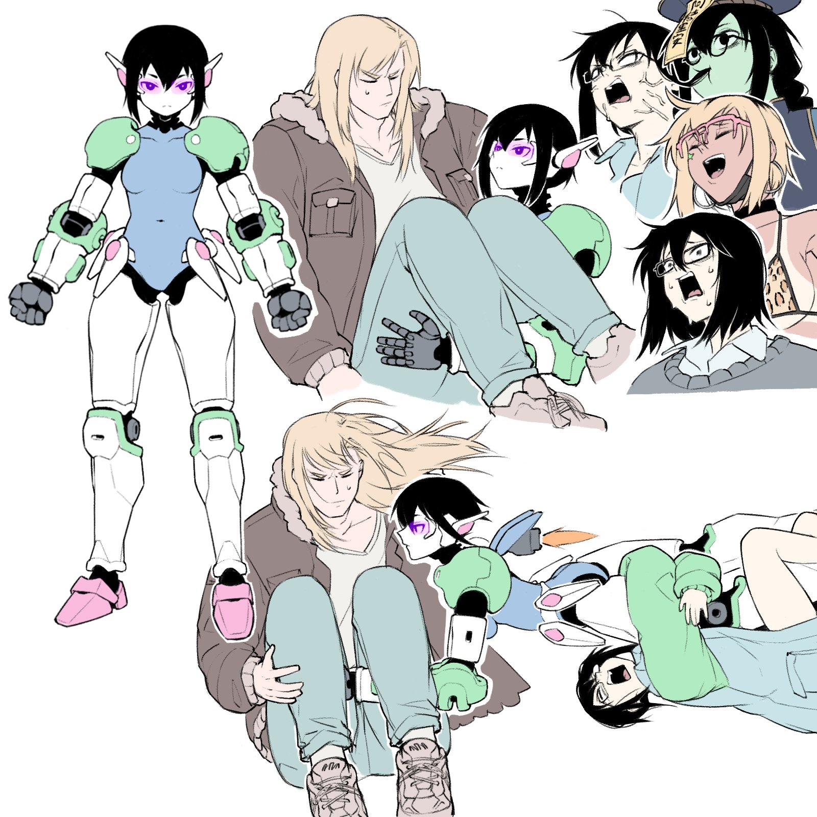 1boy 5girls anger_vein animal_print bikini bikini_tan black_choker black_hair black_mask blank_eyes blonde_hair blue_pants braid braided_ponytail breasts brown_jacket carrying choker colored_skin commentary denim english_commentary flying forked_tongue glasses green_skin grey_sweater hat highres hugging_another's_leg jacket jeans jiangshi leopard_print long_hair mask_pull medium_breasts medium_hair multicolored_hair multicolored_jacket multiple_girls multiple_persona navel ofuda open_mouth original pants piercing pink-framed_eyewear princess_carry qingdai_guanmao robot_girl roots_(hair) single_braid small_breasts smile star_(symbol) sticker_on_face sweat sweatdrop sweater swimsuit tan tanline tongue tongue_out tongue_piercing two-tone_jacket underboob yblndr