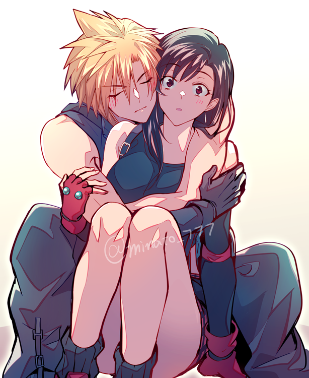 1boy 1girl arm_around_neck baggy_pants bare_legs bare_shoulders black_gloves black_hair black_sleeves black_socks black_tank_top blonde_hair breasts closed_eyes closed_mouth cloud_strife commentary_request couple crop_top detached_sleeves dissidia_final_fantasy dissidia_final_fantasy_nt earrings elbow_pads feet_out_of_frame final_fantasy final_fantasy_vii fingerless_gloves gloves gradient_background hair_behind_ear hand_on_another&#039;s_arm hug hug_from_behind jewelry large_breasts light_blush long_hair looking_at_viewer materia midriff minato_(ct_777) miniskirt official_alternate_costume pants parted_lips red_eyes red_footwear red_gloves red_skirt single_earring single_elbow_pad single_sidelock sitting sitting_on_lap sitting_on_person skirt sleeveless sleeveless_turtleneck socks spiked_hair suspender_skirt suspenders sweater swept_bangs tank_top teardrop_earring teardrop_earrings tifa_lockhart turtleneck turtleneck_sweater twitter_username