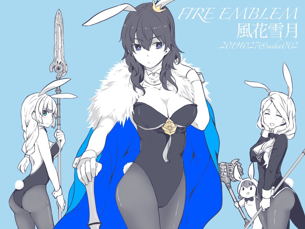 4girls alternate_costume animal_ears annette_fantine_dominic ass back backless_outfit blue_background blue_eyes blush bow bowtie braid breasts female_byleth_(fire_emblem) cape chibi cleavage closed_eyes coat copyright_name cowboy_shot crusher_(weapon) dated detached_collar fake_animal_ears fire_emblem fire_emblem:_three_houses fur_trim hair_ribbon hand_on_hilt hand_on_own_cheek hand_on_own_face heroes_relic_(fire_emblem) hollow_eyes ijiro_suika ingrid_brandl_galatea lance leotard long_hair luin_(weapon) medium_breasts medium_hair mercedes_von_martritz monochrome multiple_girls nintendo open_mouth pantyhose playboy_bunny polearm purple_eyes rabbit_ears rabbit_tail ribbon short_hair simple_background spear spot_color tail tress_ribbon twitter_username warhammer wavy_mouth weapon wrist_cuffs