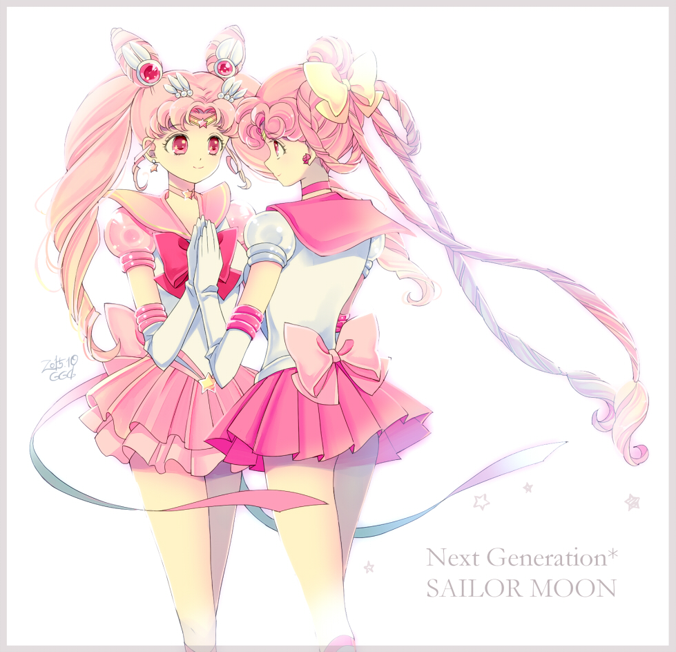 1990s_(style) 2girls aged_up alternate_costume bad_id bad_pixiv_id bare_legs bishoujo_senshi_sailor_moon bishoujo_senshi_sailor_moon_sailor_stars bishoujo_senshi_sailor_moon_stars bishoujo_senshi_sailor_moon_supers blush border bow cerecere_(sailor_moon) chibi_usa choker closed_mouth cone_hair_bun copyright_name couple double_bun drill_hair earrings elbow_gloves english_text eye_contact female_focus floating_hair gloves hair_bow hair_bun hair_ornament hair_rings hairclip holding_hands jewelry legs long_hair looking_at_another magical_girl multiple_girls neck necklace parted_bangs pink_bow pink_eyes pink_hair pleated_skirt puffy_short_sleeves puffy_sleeves retro_artstyle ribbon sailor_ceres sailor_chibi_moon sailor_collar sailor_senshi saki_(hxaxcxk) short_sleeves simple_background skirt smile standing star_(symbol) star_necklace super_sailor_chibi_moon_(stars) text_focus tiara twin_drills twintails white_background white_gloves yellow_bow yuri