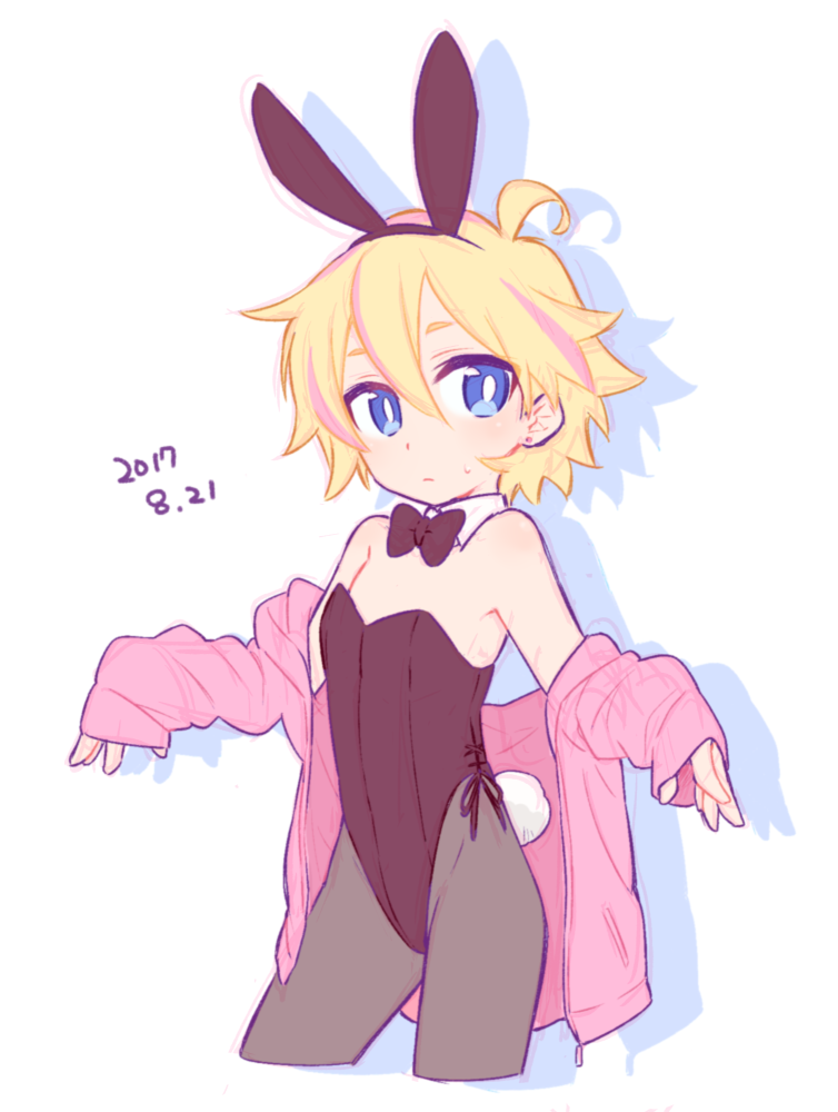 1boy alpha_omega_nova androgynous animal_ears black_neckwear bright_pupils cowboy_shot crossdressing crossdressing_(mtf) detached_collar earrings fake_animal_ears jewelry leotard looking_at_viewer male_focus male_playboy_bunny mt.somo multicolored_hair off_shoulder pantyhose playboy_bunny rabbit_ears rabbit_tail solo spoilers standing streaked_hair tail trap uchuu_patrol_luluco wrist_cuffs