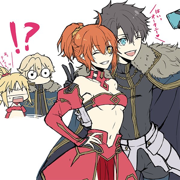 !? 2boys 2girls ahoge anger_vein artist_request bare_shoulders black_hair blonde_hair blue_eyes cloak cosplay fate/apocrypha fate/extra fate/grand_order fate_(series) fujimaru_ritsuka_(female) fujimaru_ritsuka_(male) gawain_(fate) gawain_(fate)_(cosplay) hidden_eyes mordred_(fate) mordred_(fate)_(cosplay) mordred_(fate/apocrypha) multiple_boys multiple_girls navel one_eye_closed orange_eyes orange_hair ponytail scrunchie short_hair smile translation_request wide-eyed
