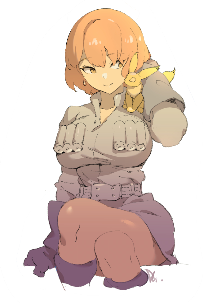 1girl animal arm_support arm_up bare_legs belt boots breasts closed_mouth commentary_request cowboy_shot creature crossed_legs dress earrings facing_viewer full_body gloves grey_belt grey_boots grey_dress grey_gloves holding holding_animal ireading jewelry kaze_no_tani_no_nausicaa large_breasts limited_palette looking_at_another looking_to_the_side medium_hair nausicaa orange_eyes orange_hair signature simple_background sitting smile solo teto_(nausicaa) thighs white_background