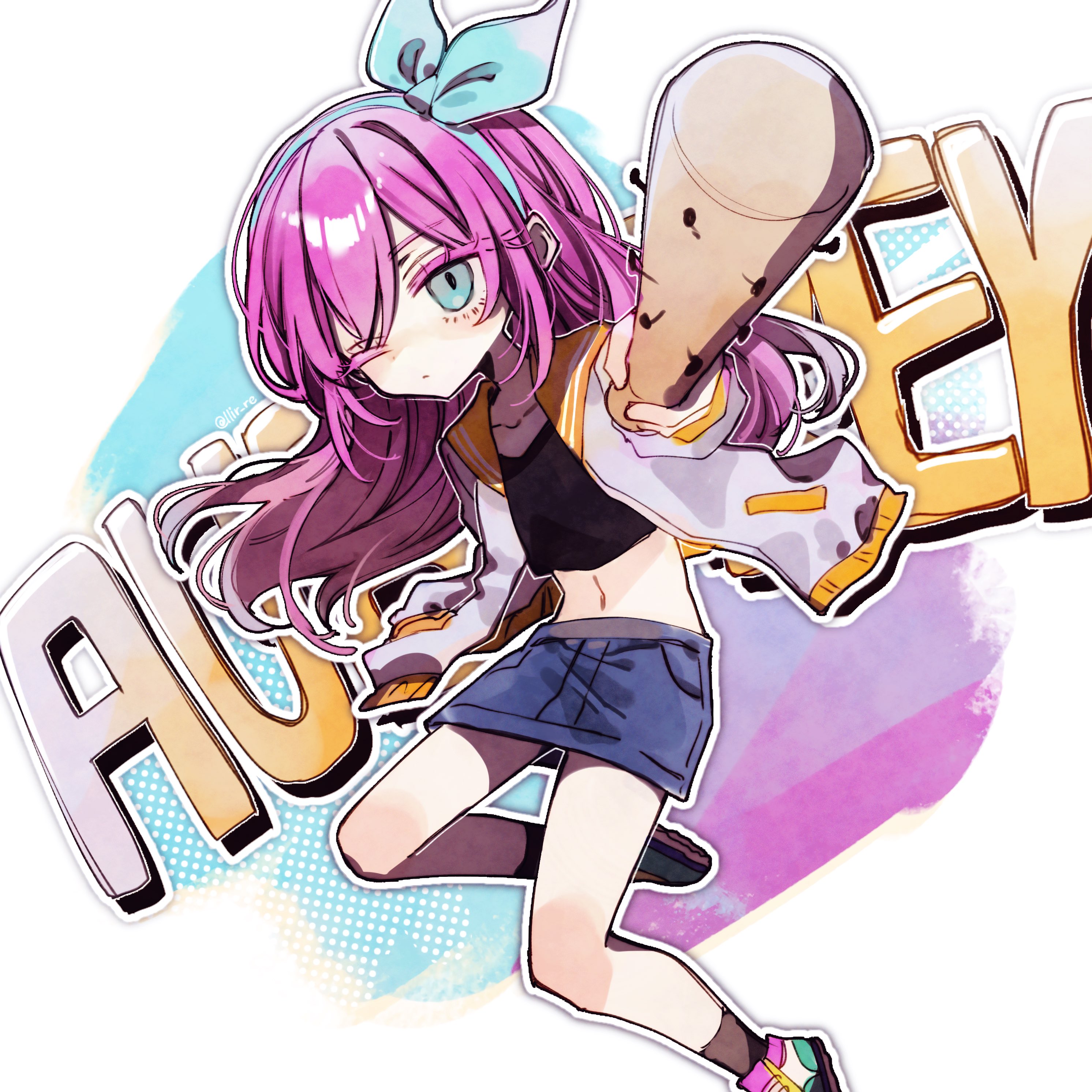 1girl absurdres aubrey_(faraway)_(omori) aubrey_(omori) baseball_bat black_socks blue_eyes blue_hairband blue_skirt character_name closed_mouth collarbone crop_top denim denim_skirt hairband hanabata0320 highres holding holding_baseball_bat jacket long_hair long_sleeves looking_at_viewer nail_(hardware) nail_bat navel omori one_eye_closed pink_hair shoes skirt sneakers socks solo white_jacket