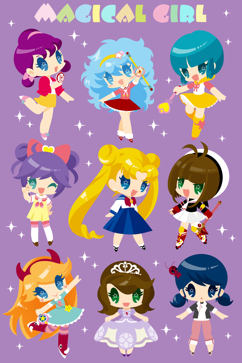6+girls :&gt; :d ;d aqua_eyes aqua_hair bishoujo_senshi_sailor_moon blonde_hair blue_eyes blue_hair bow brown_hair capri_pants cardcaptor_sakura chibi crossover double_bun dress earrings english_text fuuin_no_tsue green_eyes hair_bow hair_bun hairband hat highres himitsu_no_akko-chan inline_skates jewelry juuban_middle_school_uniform kagami_atsuko kaorin_minogue kinomoto_sakura low_twintails magical_girl mahou_no_tenshi_creamy_mami mahou_no_yousei_persia manaka_laala marinette_dupain-cheng miraculous_ladybug morisawa_yuu multiple_crossover multiple_girls one_eye_closed open_mouth pants persia_(mahou_no_yousei_persia) pleated_skirt pretty_series pripara purple_background purple_hair roller_skates school_uniform serafuku skates skirt skirt_hold smile sofia_(disney) sofia_the_first sparkle standing standing_on_one_leg star-shaped_pupils star_(symbol) star_butterfly star_vs_the_forces_of_evil symbol-shaped_pupils tiara tikki_(miraculous_ladybug) tomoeda_elementary_school_uniform tomoeda_middle_school_uniform trait_connection tsukino_usagi twintails wand