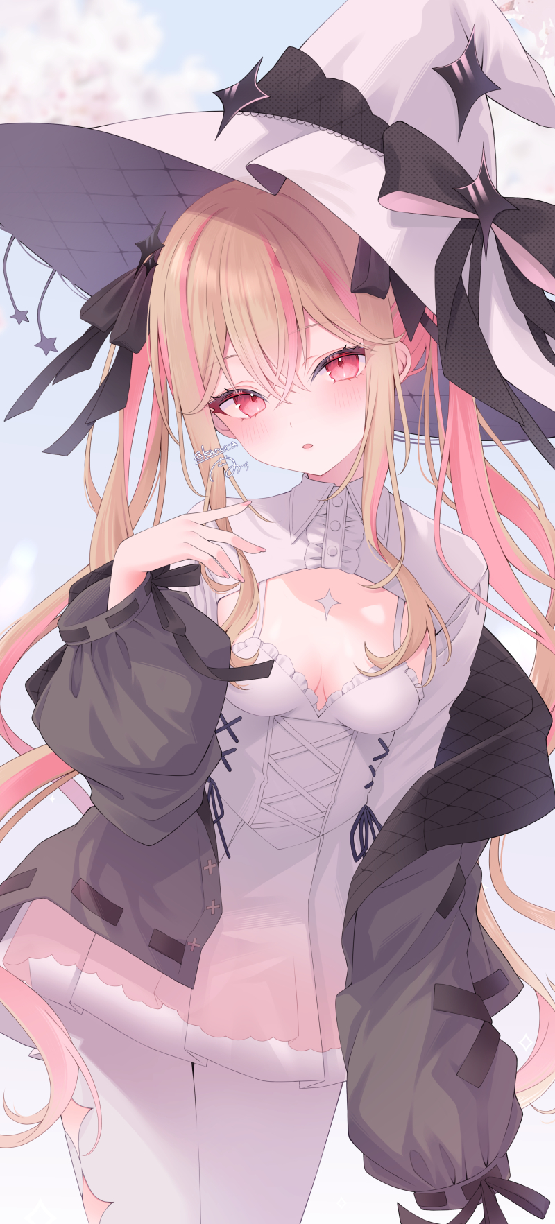 1girl :o black_jacket black_ribbon blonde_hair blush breasts buttons cleavage cleavage_cutout clothing_cutout collared_dress commentary commission cowboy_shot cross-laced_clothes cross-laced_dress crossed_bangs dress four-pointed_star hair_between_eyes halftone hand_up hat hat_ornament hat_ribbon head_tilt highres indie_virtual_youtuber jacket kanora long_hair looking_at_viewer microdress multicolored_hair open_clothes open_jacket pantyhose pink_hair pink_nails red_eyes ribbon sakuma_spica sidelocks signature skeb_commission small_breasts solo star_(symbol) star_cutout star_hat_ornament thick_eyelashes twitter_username virtual_youtuber white_dress white_hat white_pantyhose witch witch_hat