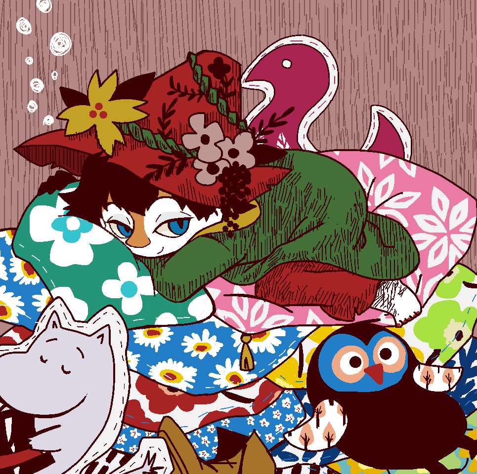 1boy barefoot blue_eyes brown_hair cloak flower green_cloak hat hat_flower holding holding_unworn_clothes holding_unworn_hat jaggy_lines joxter looking_at_viewer male_focus moomin moomintroll nail_polish nonana_(mikudrop) pillow pink_flower plant red_hat red_nails short_hair slit_pupils smile stuffed_owl tassel toenail_polish toenails top_hat unworn_hat unworn_headwear vines yellow_flower