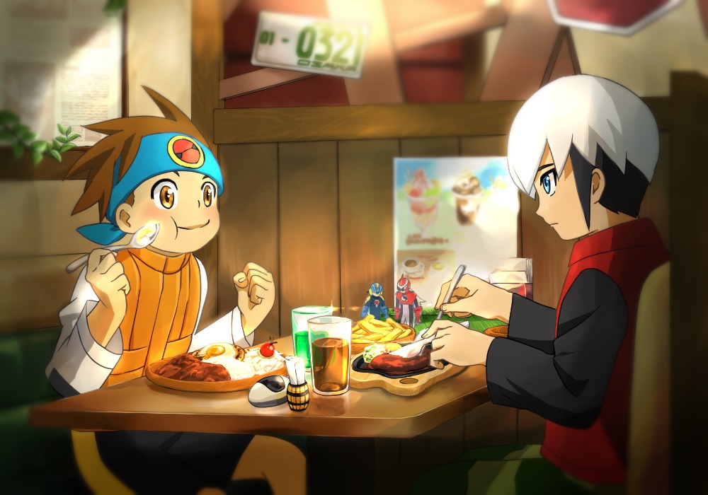 armor artist_request blush brown_hair capcom child cup curry curry_rice dated drink drinking_glass eating eugene_chaud eugene_chaud_(mega_man) food french_fries helmet indoors jacket lan_hikari_(mega_man) legs mega_man_(series) mega_man_battle_network mega_man_battle_network_(series) megaman.exe protoman.exe restaurant rice shiny_eyes shorts smile table