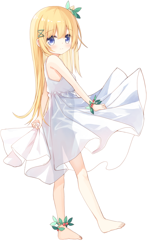 1girl bare_arms bare_shoulders barefoot blonde_hair blue_eyes blush closed_mouth dress flower_anklet flower_girl_(yuuhagi_(amaretto-no-natsu)) full_body hair_between_eyes hair_ornament hairclip long_hair looking_at_viewer looking_to_the_side one_side_up original pleated_dress see-through_silhouette simple_background sleeveless sleeveless_dress smile solo very_long_hair white_background white_dress x_hair_ornament yuuhagi_(amaretto-no-natsu)
