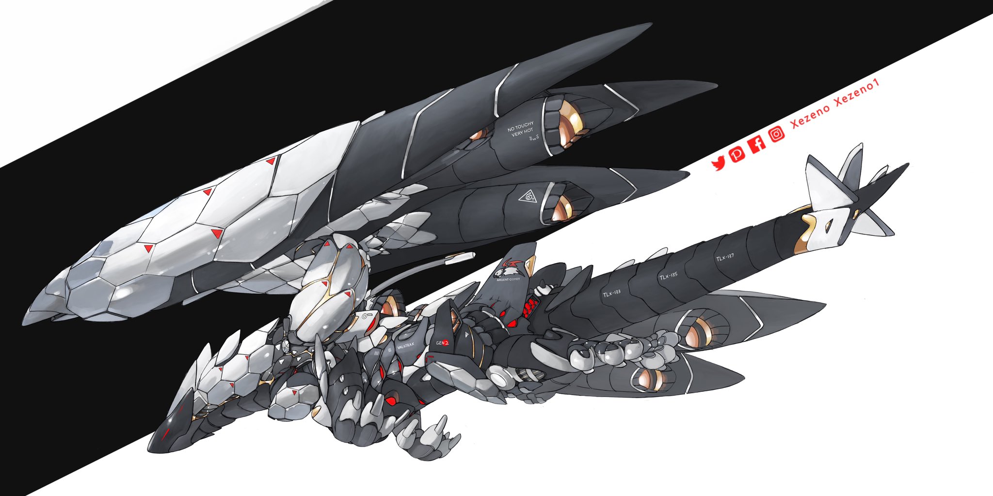 abstract_background aircraft airplane animal_focus artist_name black_background black_sclera colored_sclera commentary dragon english_commentary facebook_logo facebook_username flying from_side full_body highres instagram_logo instagram_username jet jet_engine making-of_available mecha mechanization monster_hunter_(series) no_humans pixiv_logo pixiv_username red_eyes robot simple_background solo speedpaint striped_background twitter_logo twitter_username two-tone_background valstrax white_background xezeno