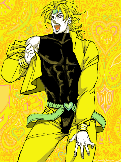 1boy blonde_hair buckle crotchless crotchless_pants dio_brando earrings fangs heart heart-shaped_buckle heart_headband jacket jewelry jojo_no_kimyou_na_bouken male_focus merumeru626 open_mouth paisley pants red_eyes sleeveless sleeveless_turtleneck solo stardust_crusaders tegaki turtleneck underwear vampire yellow_jacket yellow_pants