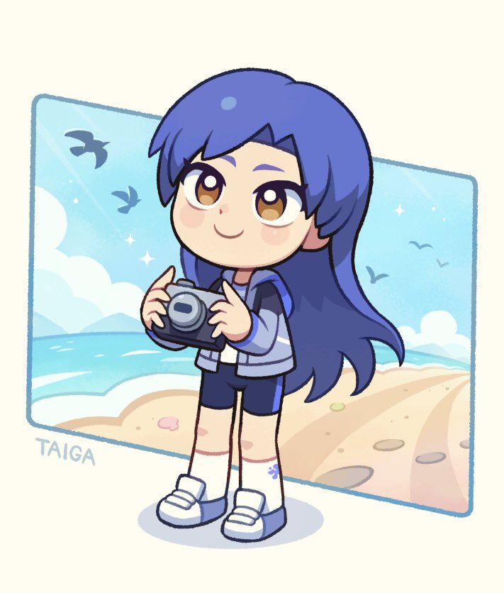 1girl artist_name beach bird black_shorts blue_hair blue_hoodie blush brown_eyes camera chibi closed_mouth cloud holding holding_camera hood hoodie idolmaster idolmaster_(classic) idolmaster_platinum_stars inset_border kayama_taiga kisaragi_chihaya long_hair looking_up open_clothes open_hoodie shell shoes shorts simple_background smile socks solo sparkle standing white_background white_socks