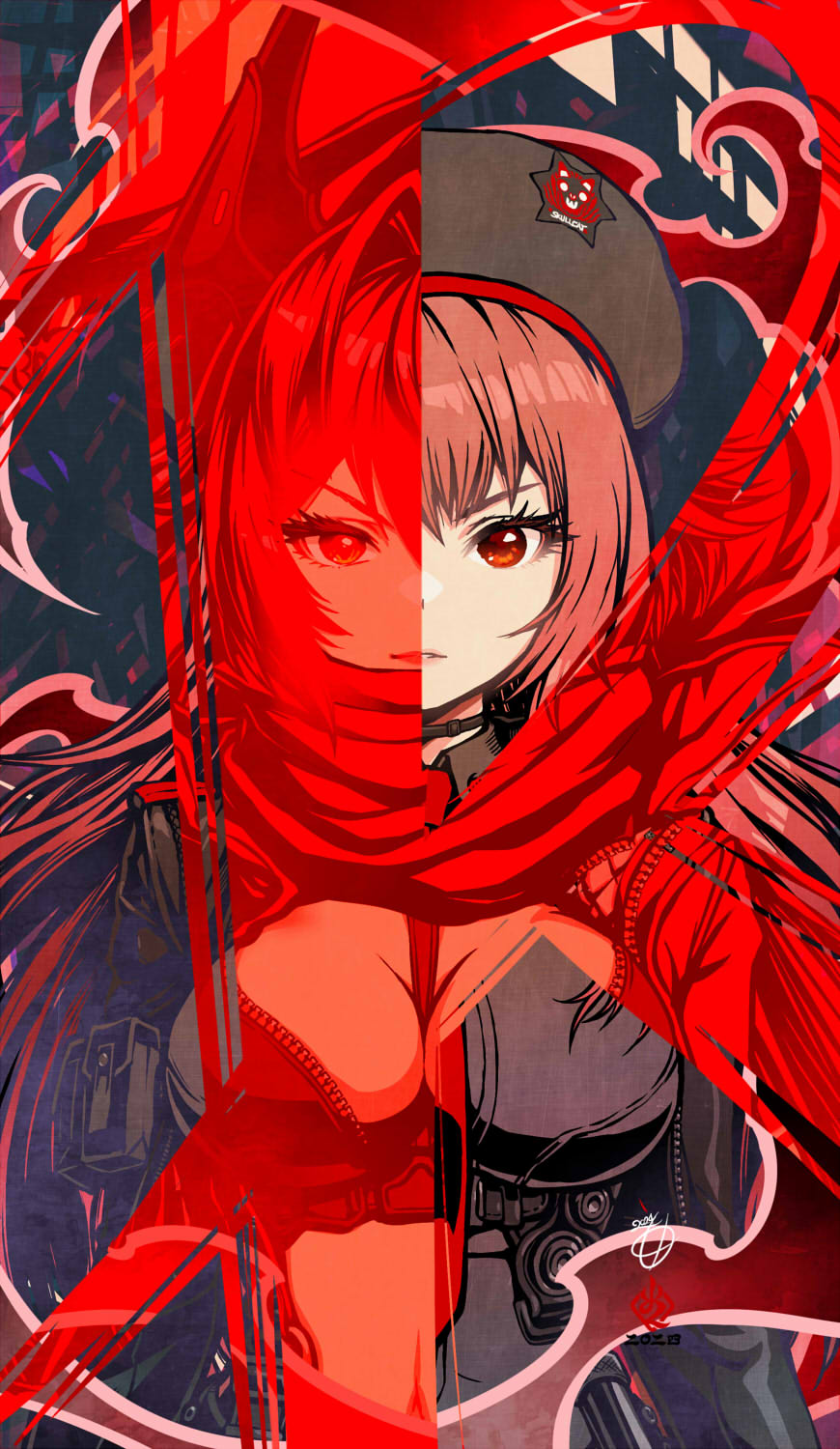 1girl beret black_jacket black_shirt goddess_of_victory:_nikke hat highres horns jacket kanchiyo looking_at_viewer mechanical_horns necktie orange_hair rapi_(nikke) red_eyes red_hood_(nikke) red_necktie red_scarf scarf shirt solo