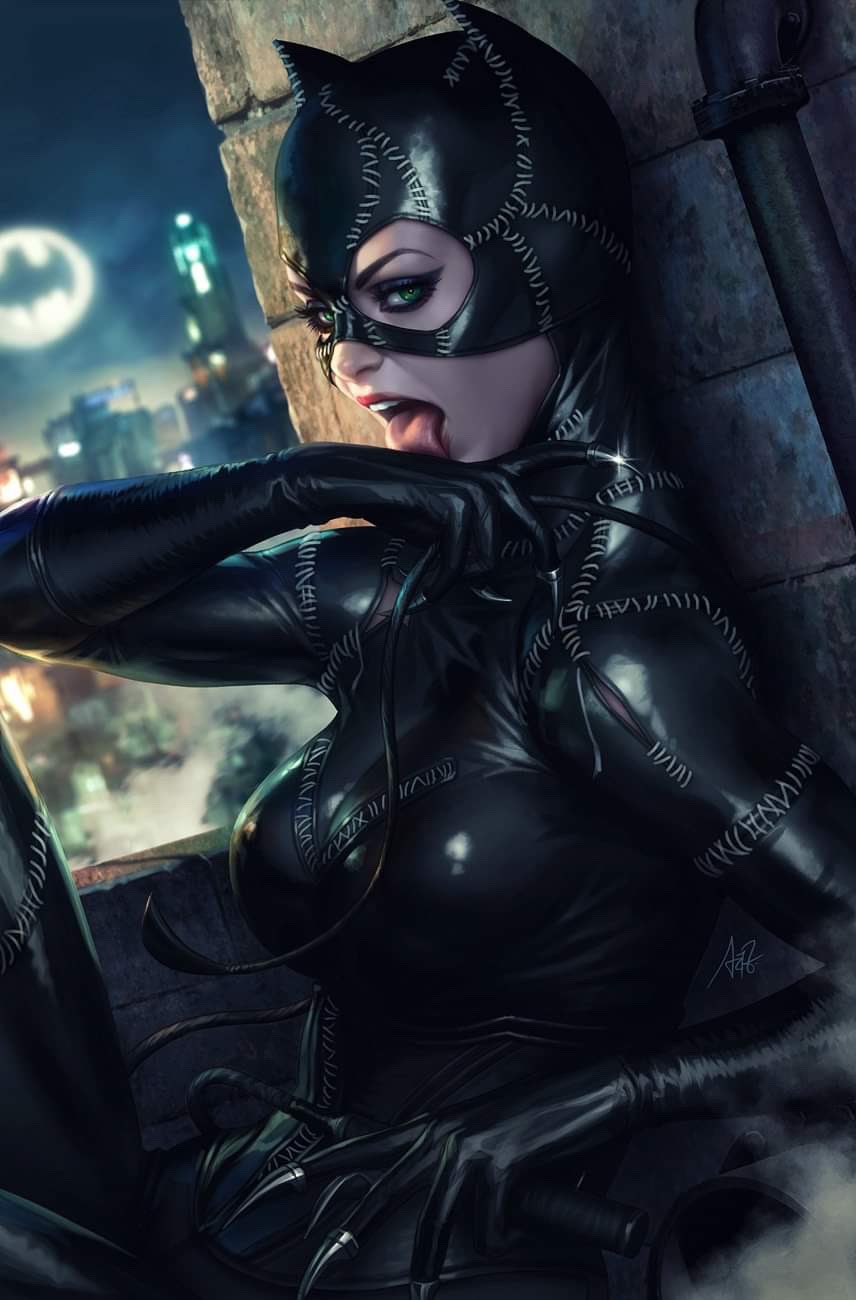 1girl animal_ear_hood animal_ears bat_signal batman_(series) black_bodysuit black_hood bodysuit breasts cat_ears catwoman cityscape claws dc_comics fake_animal_ears green_eyes highres hood licking licking_hand looking_at_viewer medium_breasts night open_mouth outdoors selina_kyle solo stanley_lau teeth tongue tongue_out upper_teeth_only