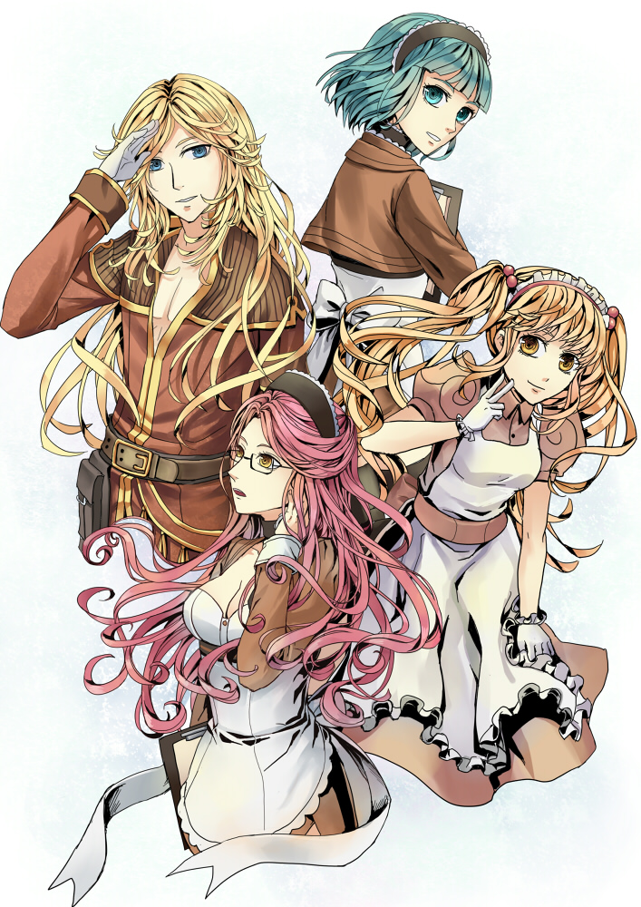 1boy 3girls alty_(ragnarok_online) apron belt bishounen black-framed_eyewear blonde_hair blue_eyes blue_hair blunt_bangs breasts brown_belt brown_dress brown_sash brown_shirt cleavage clipboard closed_mouth commentary_request cowboy_shot curly_sue dress expressionless frilled_apron frilled_gloves frilled_sleeves frills ftf glasses gloves hair_bobbles hair_ornament holding holding_clipboard kafra_uniform large_breasts long_hair looking_afar looking_at_viewer lyrus_(ragnarok_online) maid maid_headdress medium_breasts multiple_girls open_mouth pink_hair puffy_short_sleeves puffy_sleeves ragnarok_online salute shirt short_hair short_sleeves simple_background smile tare_zonda twintails white_apron white_background white_gloves yellow_eyes