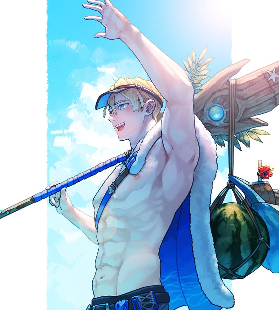 abs areadbhar_(fire_emblem) arm_up bare_pectorals belt blonde_hair blue_belt blue_cape blue_eyes cape chest_belt cloud commentary_request cowboy_shot d0o00o0b dimitri_alexandre_blaiddyd dimitri_alexandre_blaiddyd_(summer) drinking_straw fire_emblem fire_emblem:_three_houses fire_emblem_heroes flower food from_side fruit fur-trimmed_cape fur_trim groin hair_between_eyes hibiscus holding holding_polearm holding_weapon looking_ahead male_focus male_swimwear melon navel nintendo nipples official_alternate_costume open_mouth ornate_weapon pectorals polearm red_flower sky starfish teeth upper_teeth_only visor_cap wave_print waving weapon
