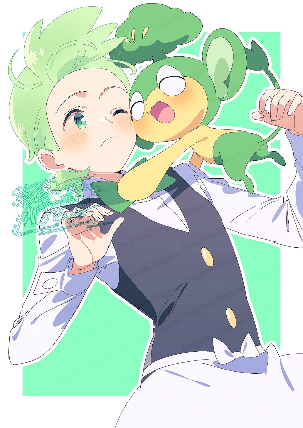 1boy ^_^ apron asymmetrical_hair black_vest blush border bow buttons cilan_(pokemon) closed_eyes closed_mouth collared_shirt commentary_request cowboy_shot creatures_(company) frown game_freak gen_5_pokemon green_background green_eyes green_hair highres hug long_sleeves looking_at_creature male_focus nintendo one_eye_closed open_mouth outline outside_border pansage paru_rari pokemon pokemon_(anime) pokemon_(creature) pokemon_bw_(anime) shirt short_hair sleeve_cuffs smile surprised twitter_username v-neck vest waist_apron waist_bow watermark watermark_grid white_apron white_border white_bow white_outline white_shirt