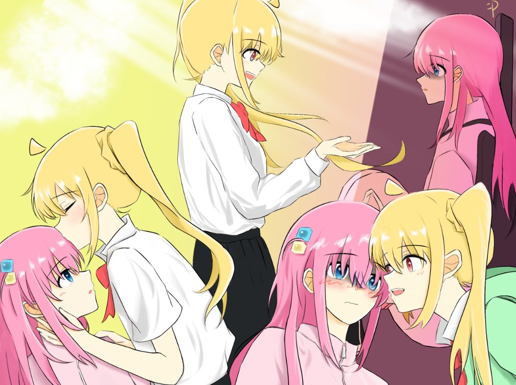 2girls ahoge black_skirt blonde_hair blush bocchi_the_rock! bow bowtie closed_mouth commentary cube_hair_ornament detached_ahoge gloom_(expression) gotoh_hitori guitar_case hair_ornament ijichi_nijika instrument_case jacket kiss kissing_forehead long_hair long_sleeves momokan_1209 multiple_girls one_side_up open_mouth pink_hair pink_jacket red_bow red_bowtie red_eyes school_uniform shirt side_ponytail sidelocks skirt teeth upper_teeth_only white_shirt yuri zipper_pull_tab