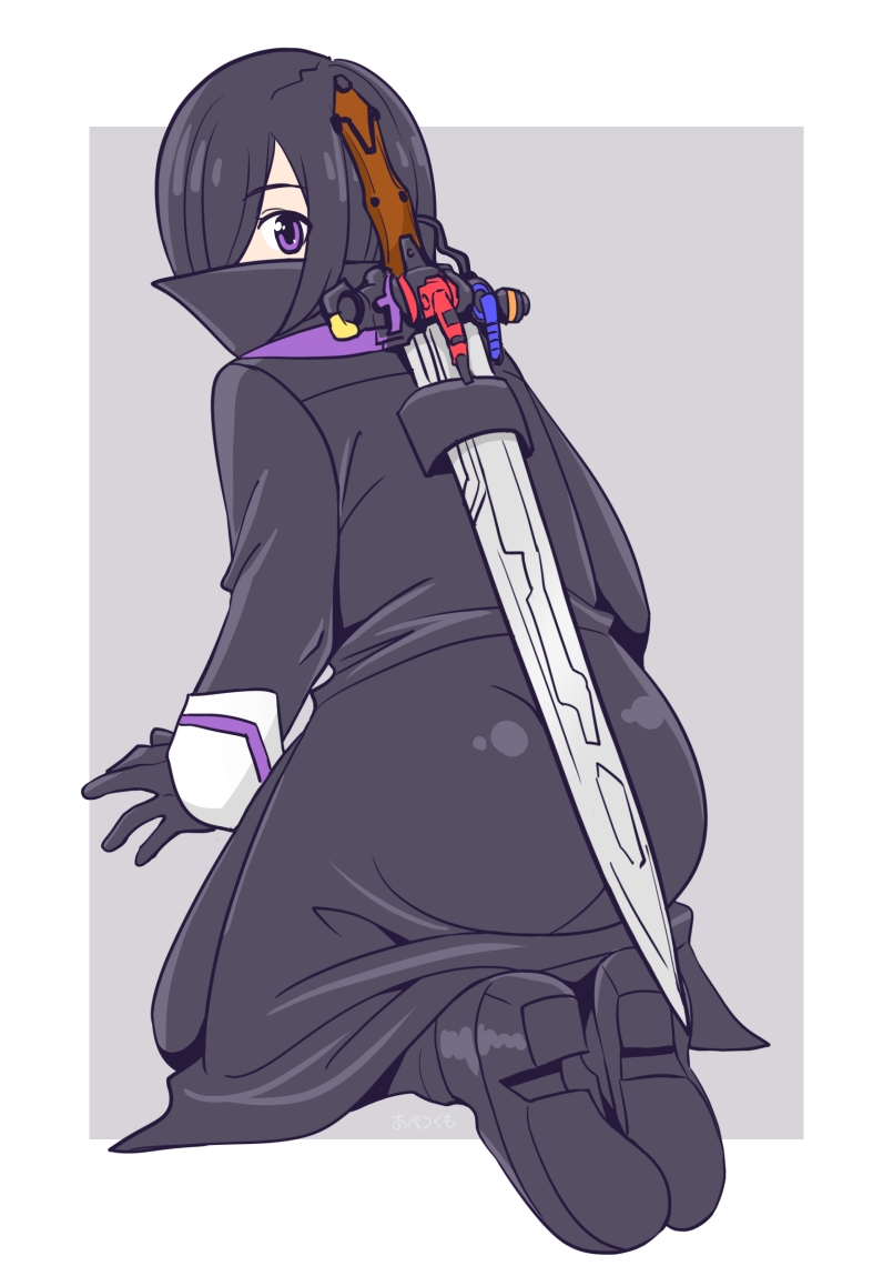 1girl abe_tsukumo black_hair cloak_covering_mouth holding holding_behind_back holding_sword holding_sword_behind_back holding_weapon holding_weapon_behind_back kanisuka_rita ohsama_sentai_king-ohger purple_eyes super_sentai sword weapon