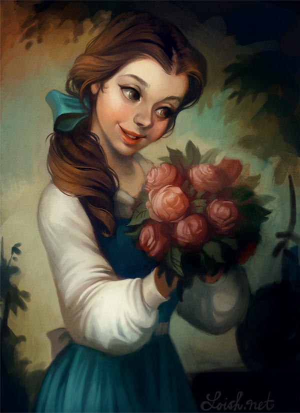 1girl artist_name beauty_and_the_beast_(disney) belle_(disney) blue_bow blue_dress bouquet bow brown_eyes brown_hair dress european_clothes flower hair_bow holding holding_bouquet loish shirt solo watermark white_shirt