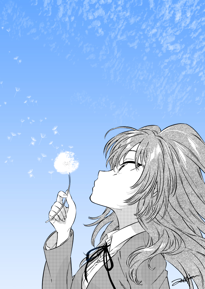 1girl aisaka_taiga blue_sky dandelion flower jacket long_hair neck_ribbon oohashi_high_school_uniform photo_background profile ribbon school_uniform sky solo toradora! upper_body zekkyou_(h9s9)