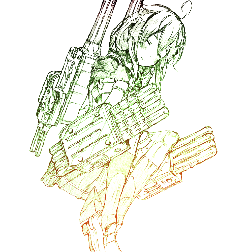 10s 1girl ahoge cannon closed_eyes female_focus gloves gradient_filter gurin33 head_tilt kantai_collection loafers monochrome rudder_footwear shigure_(kancolle) shigure_kai_ni_(kancolle) shoes simple_background sketch solo torpedo_tubes white_background