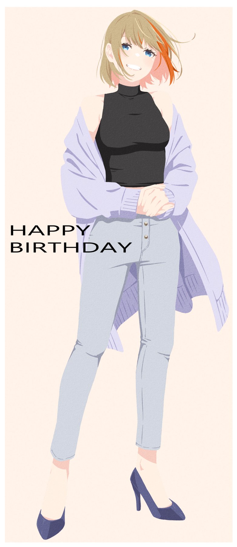 1girl akitetsu black_footwear black_shirt blue_eyes breasts buttons full_body grey_pants grey_shirt grin happy_birthday high_heels highres light_brown_hair looking_at_viewer medium_breasts multicolored_hair nanashi_inc. official_alternate_costume orange_hair own_hands_together pants shirt shirt_partially_removed short_hair simple_background sleeveless sleeveless_shirt smile solo touri_sei touri_sei_(2nd_costume) turtleneck turtleneck_shirt two-tone_hair virtual_youtuber