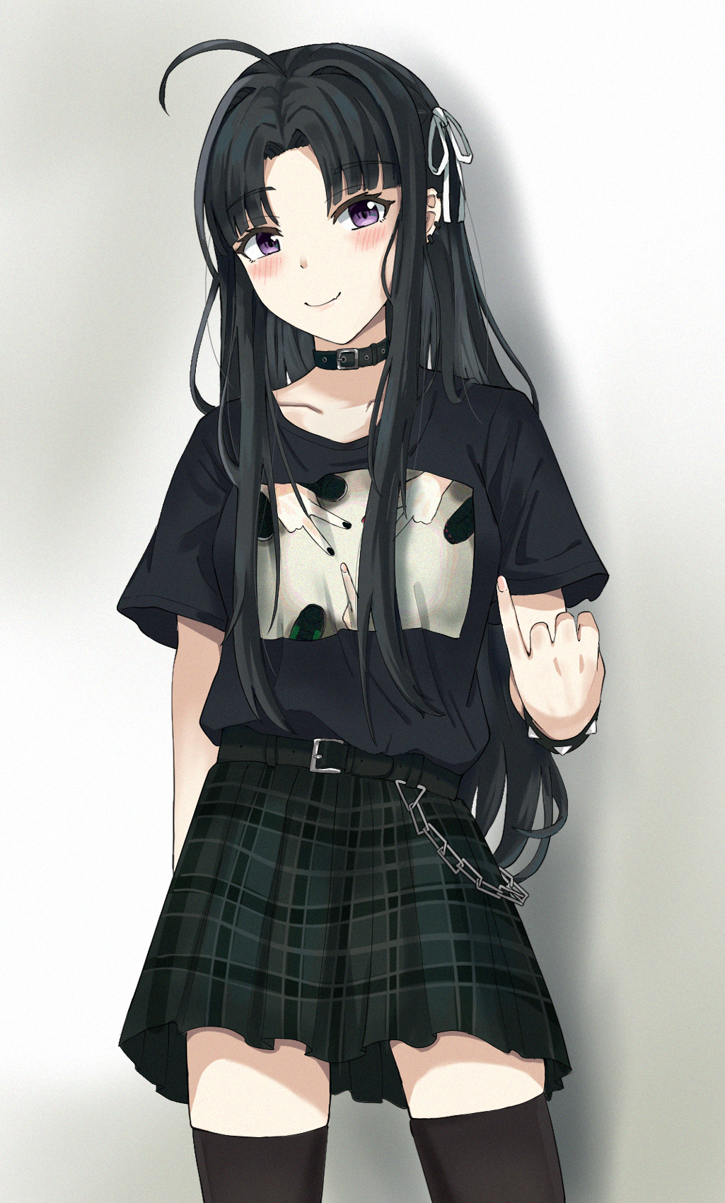 1girl ahoge awa_subaru belt belt_buckle black_belt black_choker black_hair black_shirt black_skirt black_thighhighs blush buckle chain choker closed_mouth collarbone commentary ear_piercing earrings girls_band_cry hair_ribbon highres jewelry long_hair looking_at_viewer parted_bangs piercing pinky_out plaid_clothes plaid_skirt purple_eyes ribbon sagittarius_(cruxhkg) shirt short_sleeves sidelocks skindentation skirt solo thighhighs white_ribbon zettai_ryouiki