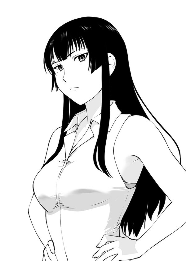 1girl armpit_peek bra breasts closed_mouth greyscale kujou_sakurako long_hair looking_at_viewer mole mole_under_eye monochrome sakurako-san_no_ashimoto_ni_wa_shitai_ga_umatteiru shirt simple_background solo ueyama_michirou underwear white_background