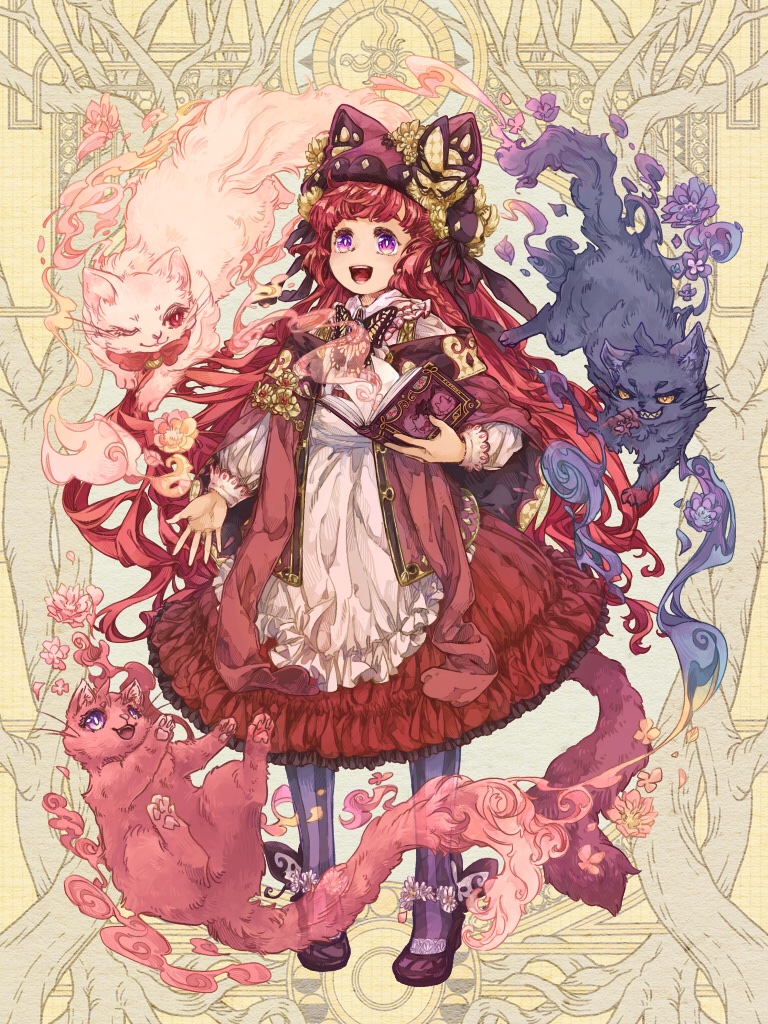 1girl :d angora_hamasaki animal_hat ankle_flower apron arm_at_side black_cat black_ribbon book braid butterfly_brooch butterfly_hat_ornament cat cat_hat cat_tail cloak corsage dairoku_ryouhei dress flower frilled_dress frills full_body gem hand_up hat hat_flower hat_ornament hat_ribbon high_heels holding holding_book long_hair long_sleeves looking_ahead oboro_kurenai open_book open_hand open_mouth pantyhose peter_pan_collar pink_cat pink_flower pumps purple_eyes purple_flower purple_pantyhose purple_shoes red_cat red_cloak red_dress red_hair red_hat ribbon shoes short_bangs side_braid smile smoke solo standing striped_clothes striped_pantyhose tail two-tone_dress vertical-striped_clothes vertical-striped_pantyhose white_apron white_dress white_flower winged_shoes wings yellow_background yellow_flower